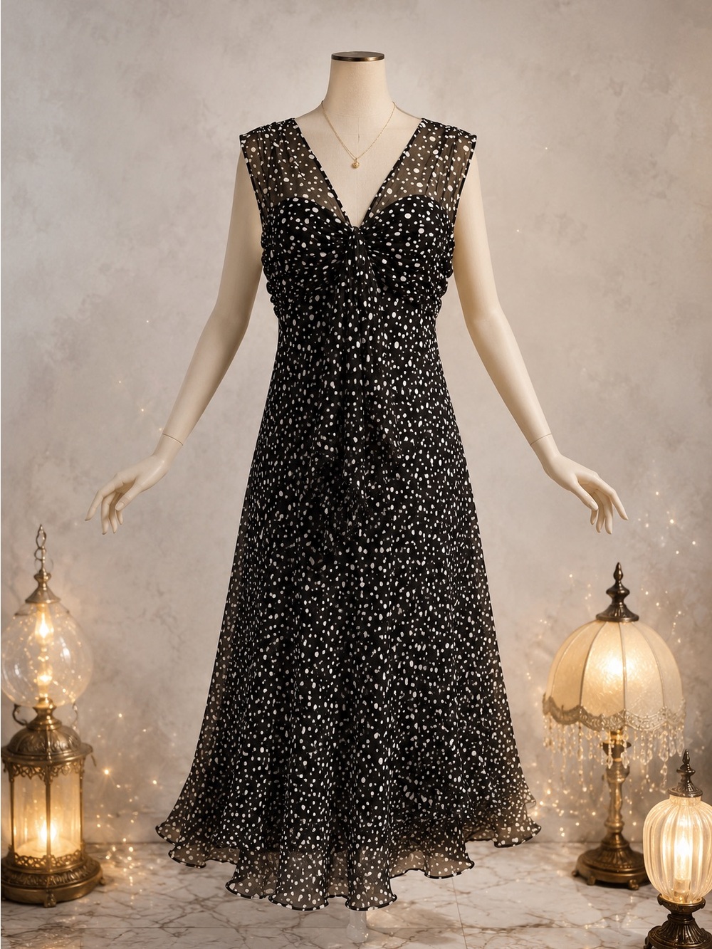 R&M Richards Polka Dot Silk Dress Sheer Overlay Sweetheart Midi Size 14 Fairy